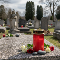 Artikel LED graflicht met timer begraafplaatskaars voor batterij rood H12.5cm