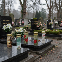 Artikel Grafkaars met motief, rouwdecoratie, Ø6cm H17cm, 6 stuks