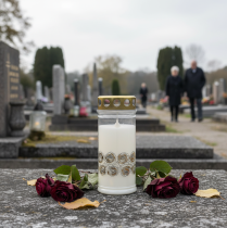 Artikel Grafkaars witte rozen goud rouwlicht Ø7cm H18cm 77h