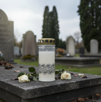 Artikel Grafkaars witte rozen zilver rouwlicht Ø7cm H18cm 77h