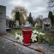 Artikel Grafkaarsen rode druppels rouwlichten Ø9cm H17cm 4 st.