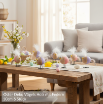 Artikel Decoratieve houten vogel met veren en een kleurrijk lijfje voor tafeldecoratie, 10 cm, 6 stuks