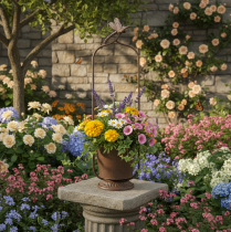 Artikel Vintage plantenbak met klimrek, libellenmotief, metaal, Ø16/H62cm