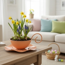 Artikel Decoratieve metalen kop, oranje, Ø11,5 cm, H6 cm, met schotel, 2 stuks