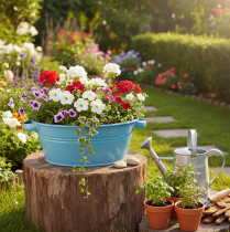 Artikel Ronde schaal met handvat, decoratieve schaal, bloemenschaal, blauw, Ø33,5 cm