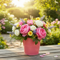 Artikel Metalen emmer bloempot met roze handvat 16x17,5x16cm 2 stuks