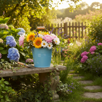 Artikel Decoratieve emmer, metaal, houten handvat, bloempot, blauw, 16 cm hoog, 2 stuks