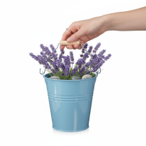 Artikel Blauwe metalen emmerbloempot met houten handvat, 26x22,5x23 cm