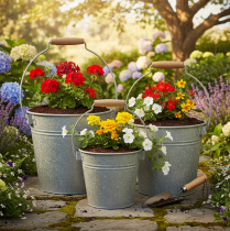 Artikel Decoratieve metalen emmers in roestbruine vintage stijl Ø15/17,5/22cm set van 3