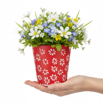 Artikel Rode en witte bloempot met bloemenprint, metaal, Ø12,5 cm H11,5 cm