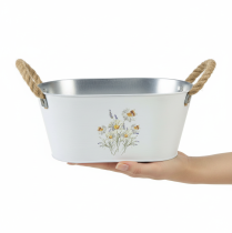 Artikel Decoratieve ovale metalen schaal, wit met natuurlijke bloemenversiering, L26cm