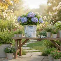 Artikel Kleine metalen bloempot/plantenbak voor hortensia's, Ø17,5 cm H16 cm