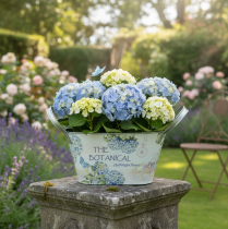 Artikel Bloemenschaal met handvatten hortensia's metaal 26×13×14,5cm