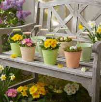 Artikel Emmer met handvat, bloempotje in de vorm van een sleutelbloem, metaal pastelkleur, 11,5 × 8,5 cm, 8 stuks