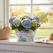 Artikel Bloemvaas met handvatten, hortensiamotief, metaal, 26×13×14,5 cm