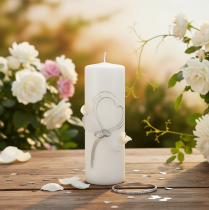 Artikel Feestelijke huwelijkskaars met stijlvol hartontwerp, zilveren versieringen en organza lint – ideaal voor bruiloften en zilveren huwelijksjubilea, 240/80mm