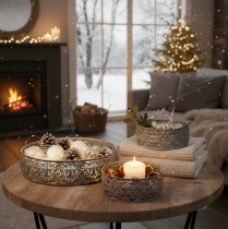 Artikel Decoratieve metalen schaal, grijs en wit patroon, Ø16/19,5/23,5 cm, set van 3