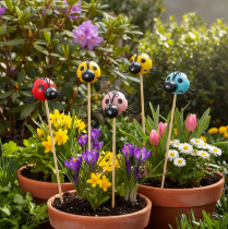 Artikel Decoratieve lieveheersbeestjesfiguurtjes voor bloempotten en bloemstukken voor de lente, 32 cm, 16 stuks