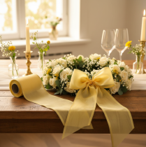 Artikel Moiré kranslint, geel met gouden rand, decoratief bloemenlint, acetaat/polyester, 150 mm x 25 m