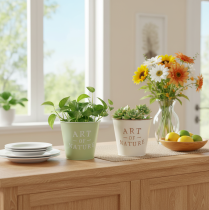 Artikel Bloempot met natuurmotief en opschrift, decoratie voor vensterbank en woonkamer, 15 cm, 2 stuks
