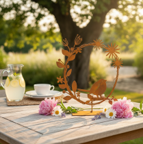 Artikel Decoratieve theelichthouder met vogelmotief en bloemmotief, roestkleurige look, 24 x 27 x 6 cm