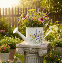 Artikel Witte metalen gieter met bloemenmotief, 13,5 cm, decoratieve plantenbak