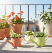 Artikel Decoratieve gieterset in pastel zalmroze, groen en geelgroen - metalen plantenbak Ø11cm H10cm, 8 stuks