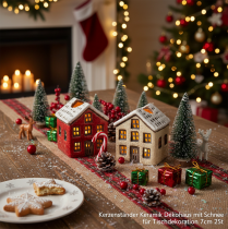 Artikel Keramische kaarsenhouder, decoratief huisje met sneeuw voor tafeldecoratie, 7 cm, 2 stuks