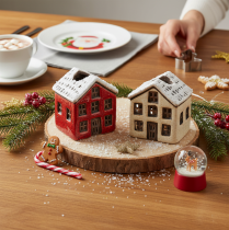Artikel Keramische kaarsenhouder, decoratief huisje met sneeuw voor tafeldecoratie, 7 cm, 2 stuks