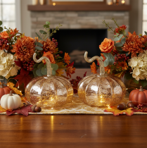 Artikel Glazen pompoen tafeldecoratie, herfstpompoen, glas en metaal, 14 cm hoog, 2 stuks