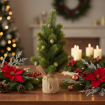 Artikel Kunstkerstboom in een jutezak, kleine tafeldecoratie, mini-kerstboom, 38 cm