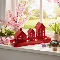 Artikel Metalen theelichthouder in de vorm van huisjes, rood, met schaaltje, 35 cm, 1 set
