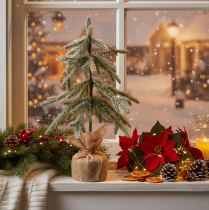 Artikel Kunstplant met sneeuw, LED-kerstboom in een jutezak, werkt op batterijen, voor gebruik binnenshuis, 50 cm