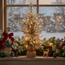 Artikel Kunstkerstboom met sneeuw in een jutezak, 40 ledlampjes, voor binnengebruik, 85 cm
