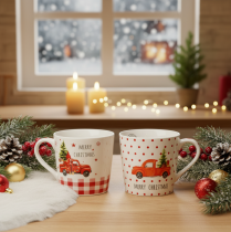 Artikel Kerstmok met auto en kerstboom, keramische mokken, 10 cm, 2 stuks