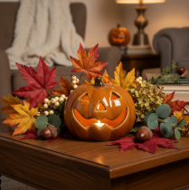 Artikel Keramische pompoen met LED-verlichting, Halloween-decoratie, klein, 10 cm