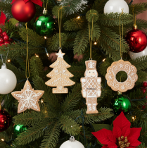 Artikel Kerstversieringen, peperkoek, glazuurlook, notenkraker, ster, boom, krans, 6 cm, 4 stuks