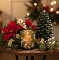 Artikel Glazen theelichthouder met takje winterdennenhout, 8 cm, 2 stuks