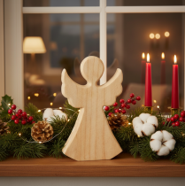 Artikel Decoratieve houten engelfiguur gemaakt van licht, natuurlijk hout, kerstdecoratie, 30 cm