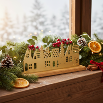 Artikel Huissilhouet decoratie adventskalender op houten voetstuk 29 cm