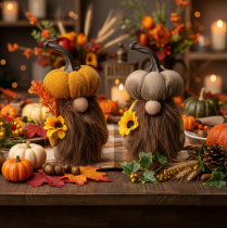 Artikel Herfstfiguurtje: pompoenkabouter met zonnebloem en baard, 16 cm, 2 stuks