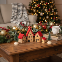 Artikel Houten decoratieve huisjesset met rode daken en sparren, 12 cm, 6 stuks