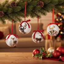Artikel Kerstbal met hertenmotief en lint om op te hangen, 7 cm, 4 stuks