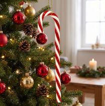 Artikel Suikerrietvormige voedselpop, rood en wit, voor hangende decoratie.