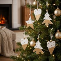 Artikel Kerstversieringen, houten ster, boom, hart, 6 stuks, witte en gouden decoratieve hangers