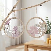 Artikel Decoratieve hanger hout bloemen naturel wit paars glitter Ø12cm 6 st