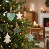 Artikel Houten kerstboomhangerset, hart-boom-ster, mintgroen-wit, 4,5 cm, 9 stuks - kerstversiering