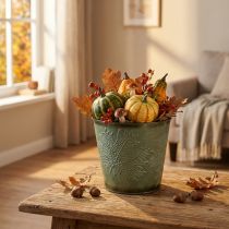 Artikel Decoratieve emmer met bladdecoratie, herfstpot, metalen decoratie groen Ø17cm H14.5cm