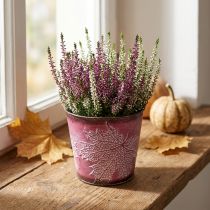 Artikel Sierpot om op te planten, blikken emmer, metalen decoratie met bladpatroon wijnrood Ø14cm H12.5cm