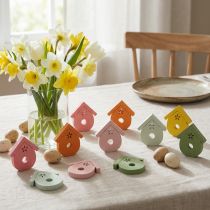 Artikel Strooidecoratie vogelhuisje houten tafeldecoratie gekleurd 2,5–3,5cm 48 stuks